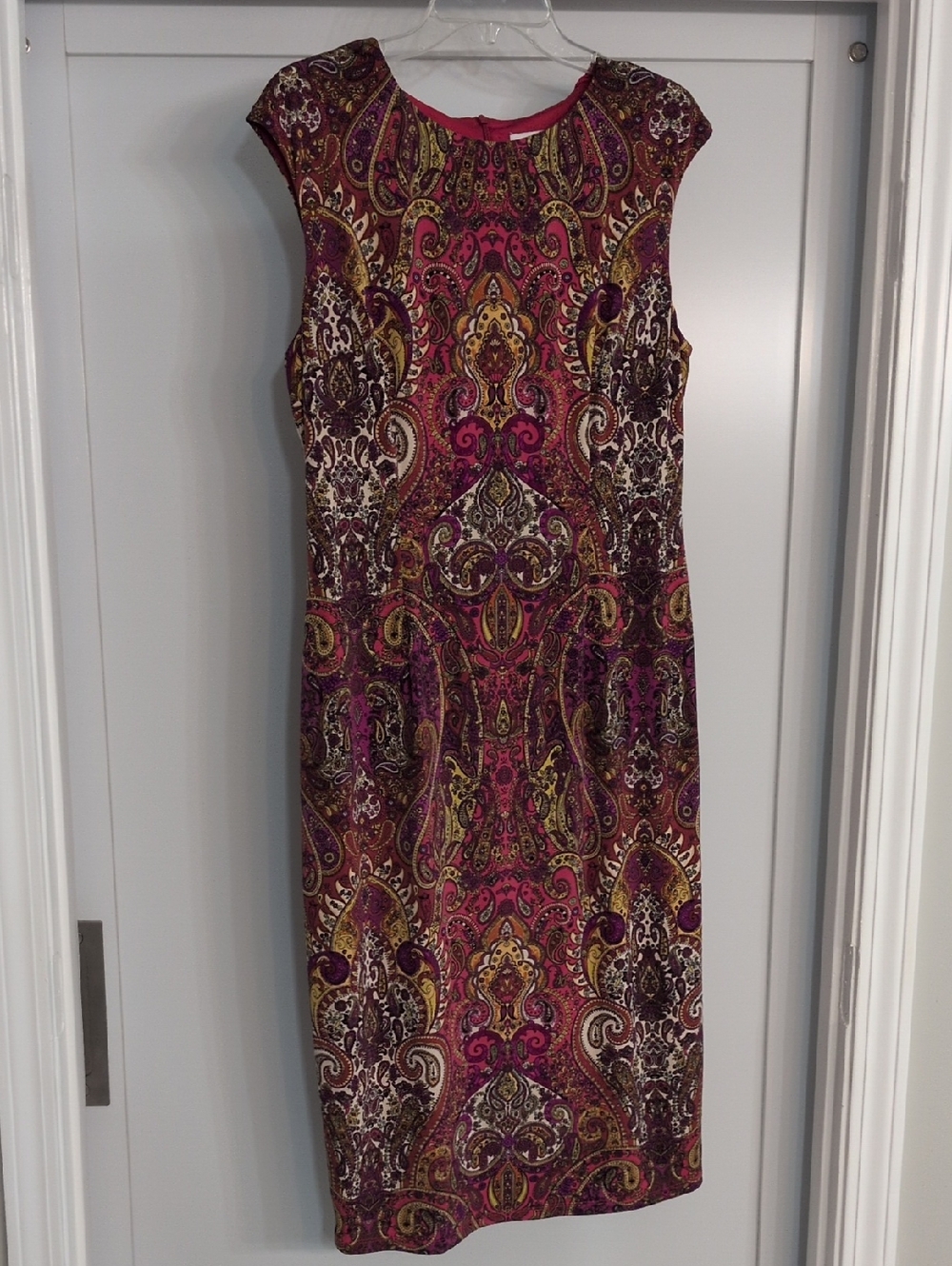 London Times Magenta Paisley Midi Dress with Gold & Brown Accents